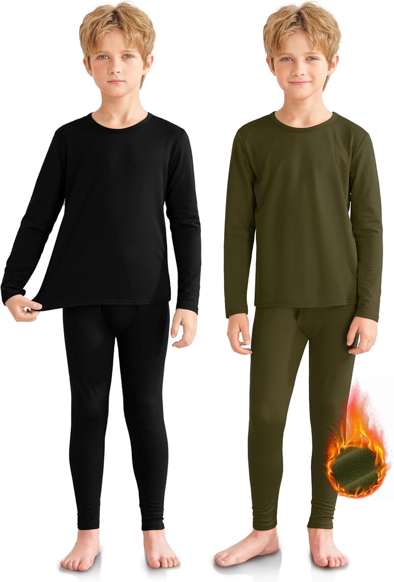 VZV Store 2 Set Thermal Underwear for Kids, Boys Long Sleeve Underwear Fleece Lined Base Layer Thermals Top and Bottom Set - Image 1